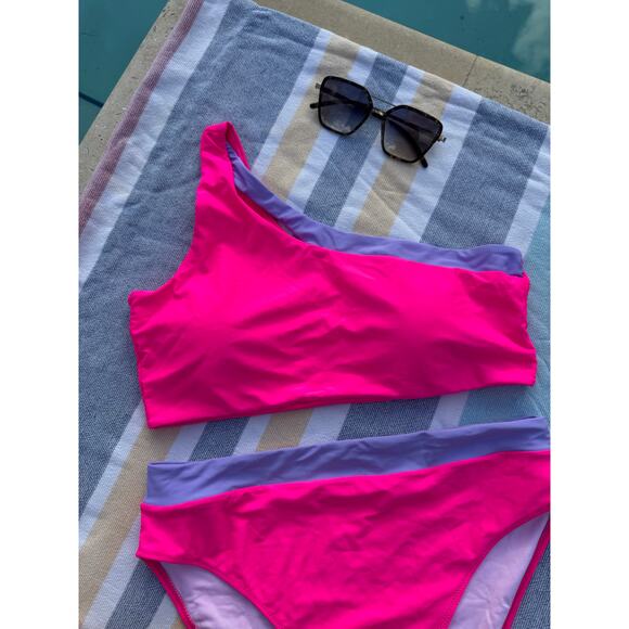 NWOT, Brand Unknown, One Shoulder Bikini, Pink and Purple, Sz XL - Picture 8 of 11